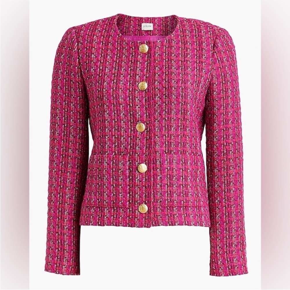 J.Crew Pink Tweed Lady Jacket Size 2 Gold Crest Buttons Cropped Blazer BS928 New - Picture 13 of 14